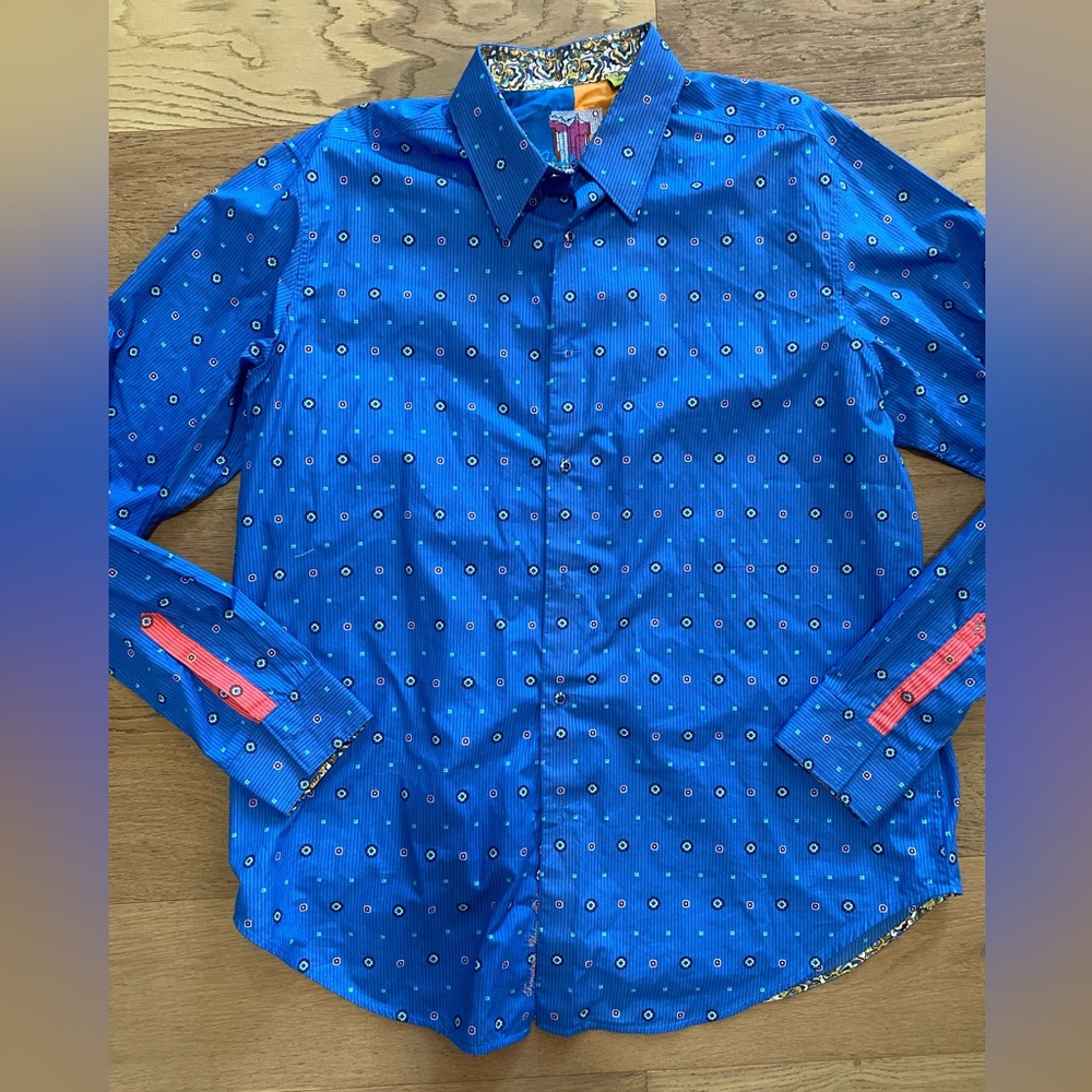 Robert Graham Men's vibrant Blue bold Patterned long sleeve Shirt 1XLT EUC